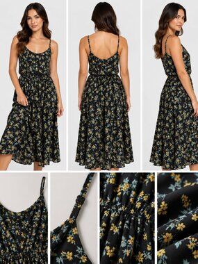 Pinch Black Floral Spaghetti Strap Midi Dress Yellow Blue S